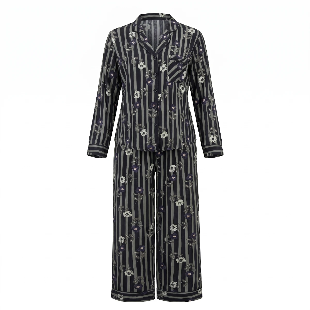 Wild Harmony Button Pajama Set 6826 – Black Stripe Print | Youlya Women's Viscose Sleepwear Set