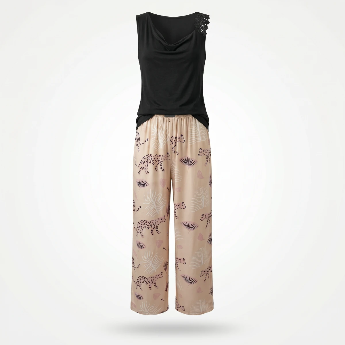 Black Drape Lace Pajama Set 6809 -Youlya Home Women Pajamas