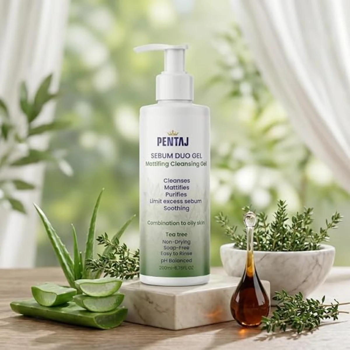 Sebum Duo Gel Mattifying Cleansing Gel,200ml, with Chamomile Extract, Thyme Extract, Vitamin E and Menthol, for Combination to Oily Skin
