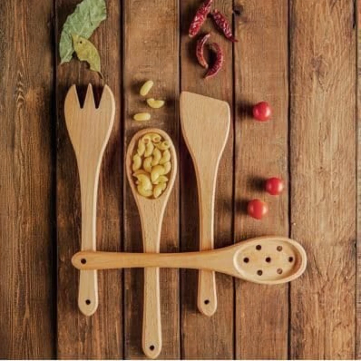 Handcrafted Kitchen Spoon & Spatula Kit | 4-Piece Premium Natural Wood Utensil Set with Matching Holder