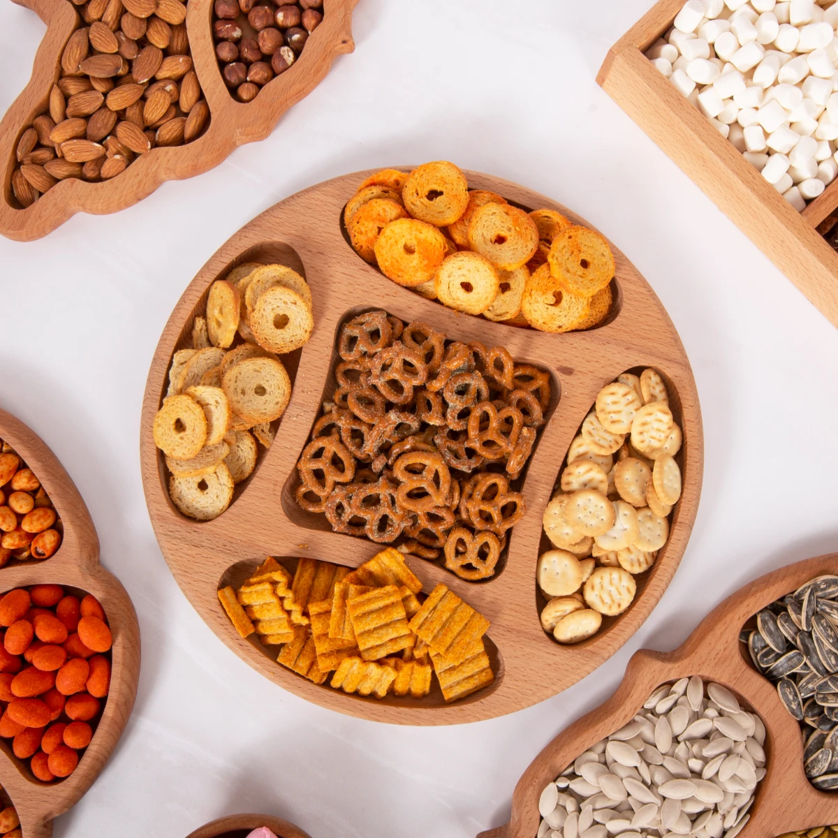 5-Section Snack Tray - 30 cm The best multi-compartment wooden tray for sports displays, snack serving, and candy drying.