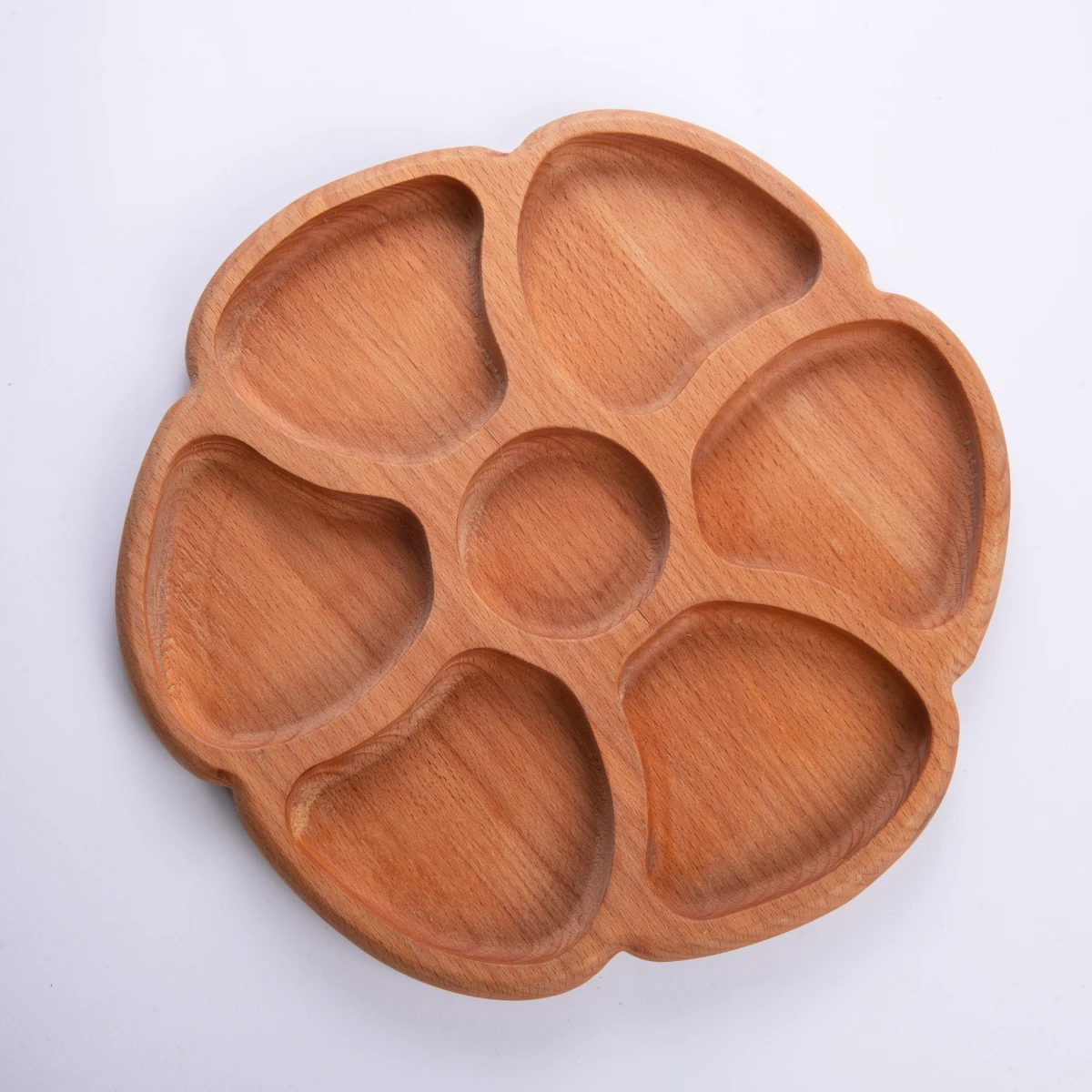 7-Section Snack Tray - 30 cm Wholesale Custom Round Wooden Divided Snack Serving Tray for Dry Foods