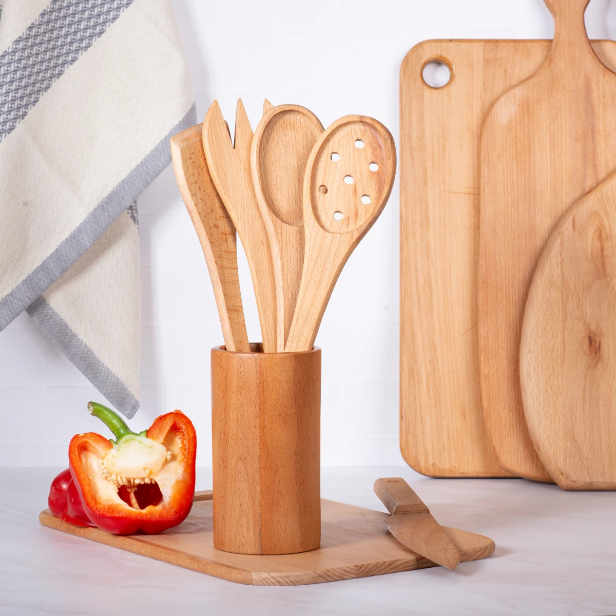 4-Piece Premium Natural Wood Utensil Set with Matching Holder | Handcrafted Kitchen Spoon & Spatula Kit